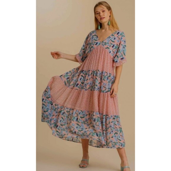 New UMGEE Small Pastel Floral Ruffle Sleeve V-Neck Maxi Dress Back Tie Dress - Picture 2 of 4